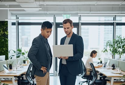 Two people discussing company reputation research
